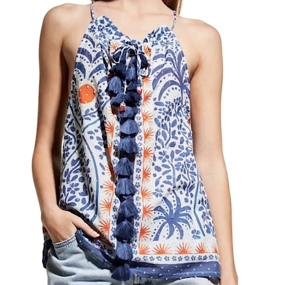 FARM Rio | Women’s White/Blue/Orange Floral Afternoon Breeze Tassel Tank Top, L - Picture 1 of 16